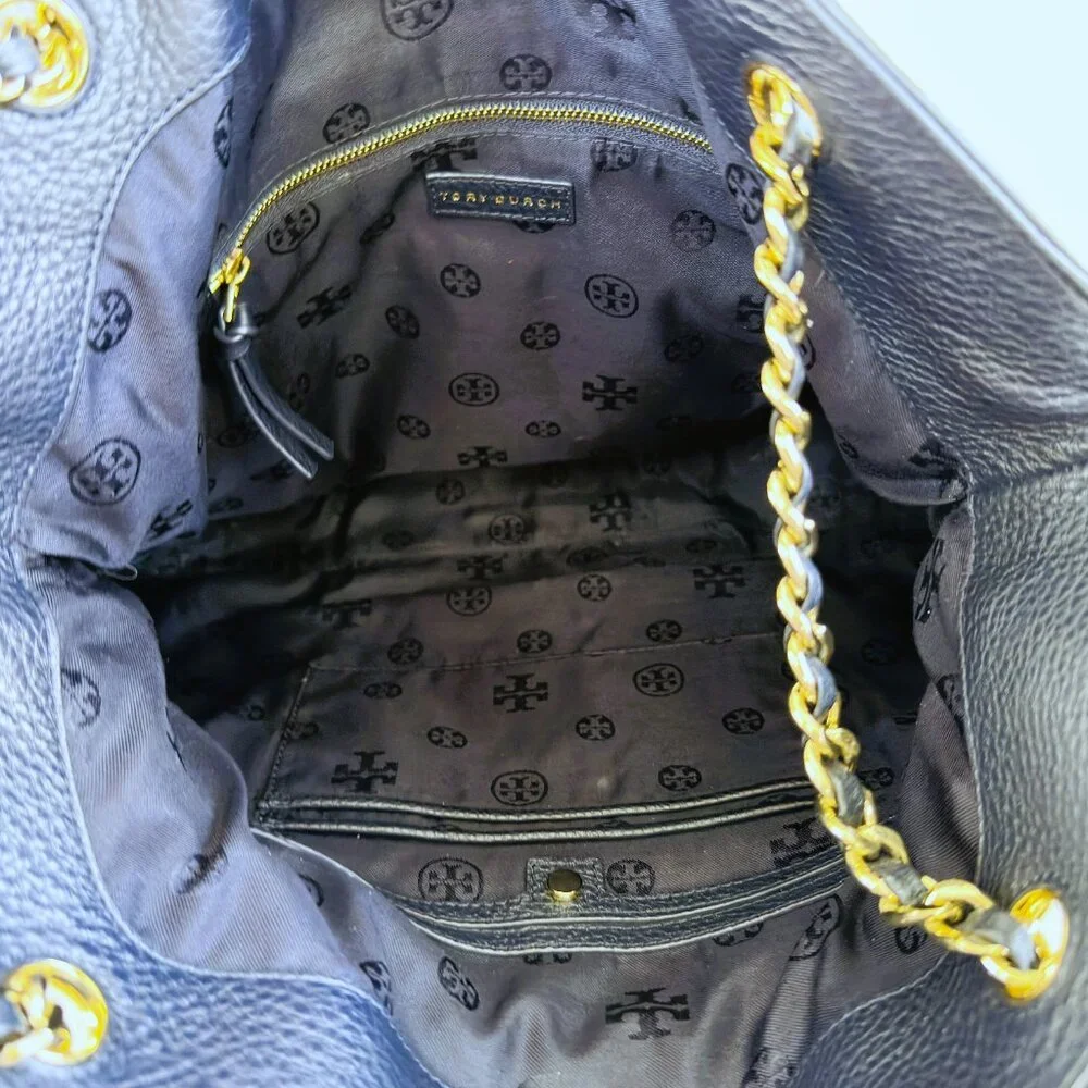 Tory Burch THEA Navy Blue Pebbled Leather‎ Gold Chain Shoulder Tote Bag